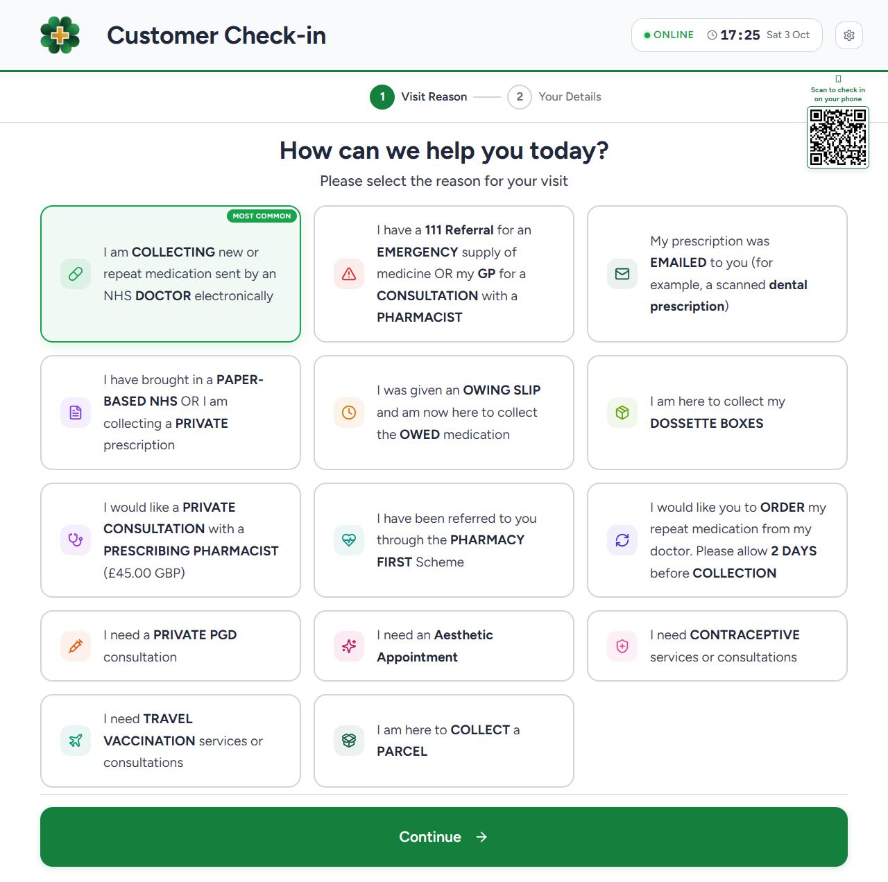 Customer check-in app: visit reasons. Demonstration data.