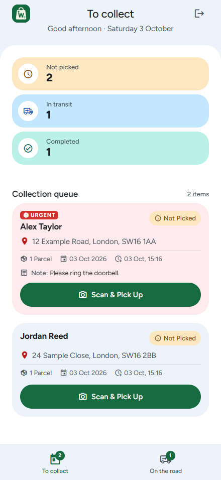 In-house delivery app: driver collection queue. Demonstration data.