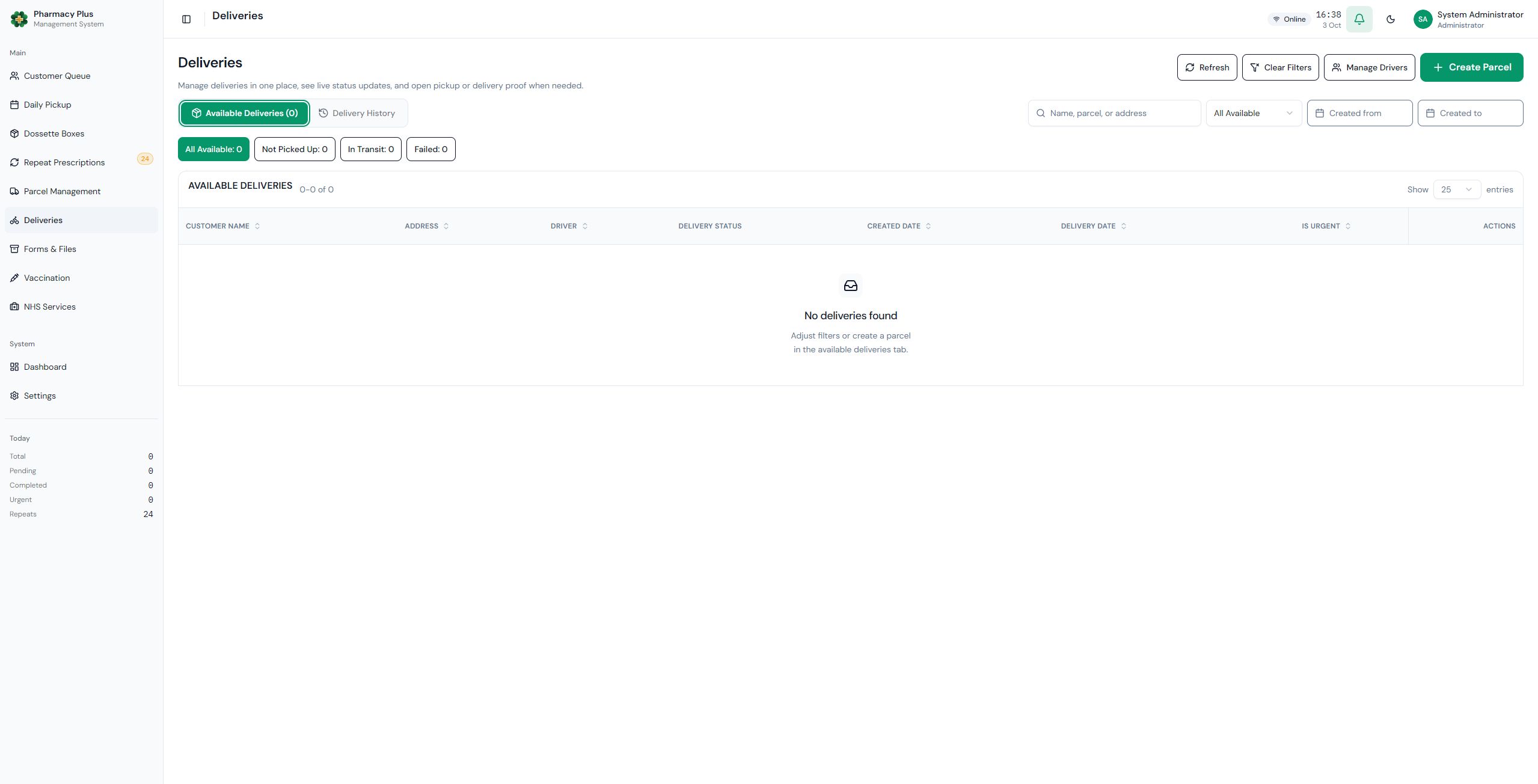 Current pharmacy delivery management showing the available deliveries empty state